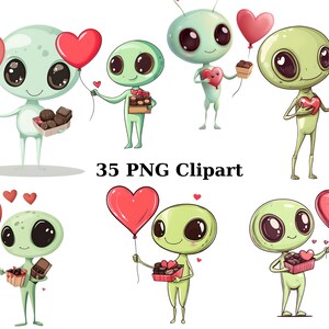 35 Valentine Aliens aquarel clipart, Valentine clipart, individuele png-afbeeldingen op transparante achtergrond, sublimatie