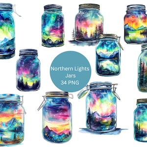 May include: A set of 34 watercolor illustrations of glass jars filled with colorful depictions of the Northern Lights. The jars are perfect for crafting, scrapbooking, and other creative projects.