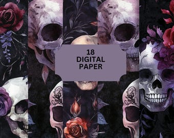 Skull and Rose Digital Paper – 18 Gothic Backgrounds with Skulls, Flowers, and Dark Grunge for Journals & Crafts