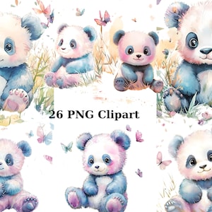 26 pastel pandabeer aquarel clipart, dieren clipart, individuele png-afbeeldingen op transparante achtergrond, sublimatie