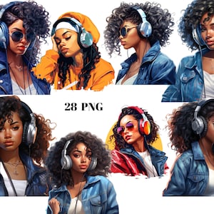 28 garotas negras ouvindo música clipart, mulheres de cor, imagens individuais PNG em fundo transparente, sublimação