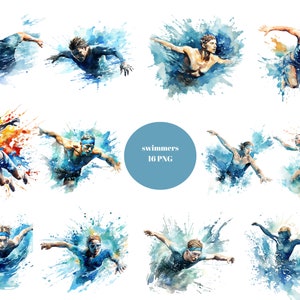 16 Schwimmer Aquarell Clipart, Schwimmen Clipart, PNG einzelne Bilder auf transparentem Hintergrund, Sublimation, kommerzielle Nutzung