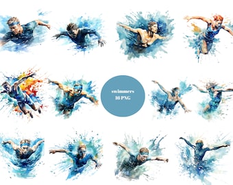 16 Swimmers Watercolor Clipart, Swimming Clipart, PNG individual images on transparent background, sublimation, commercial use