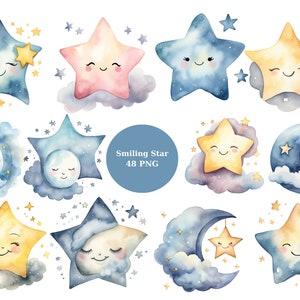 48 Smiling Stars aquarel clipart, Kids clipart, individuele PNG-afbeeldingen op transparante achtergrond, sublimatie