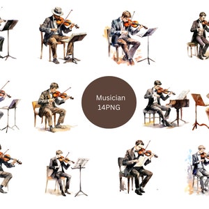 Clipart ad acquerello di 14 musicisti, clipart musicale, singole immagini PNG su sfondo trasparente, sublimazione