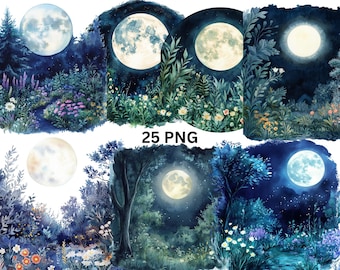 25 Moonlight Landscape Watercolor Clipart, PNG digital files on transparent background, sublimation, commercial use