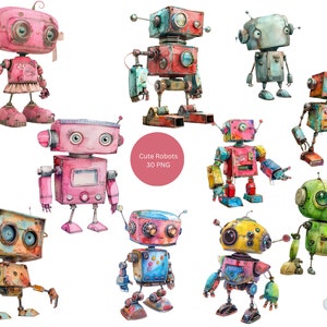 Watercolor Cute Robots Clipart, PNG individual images on transparent background, sublimation, commercial use