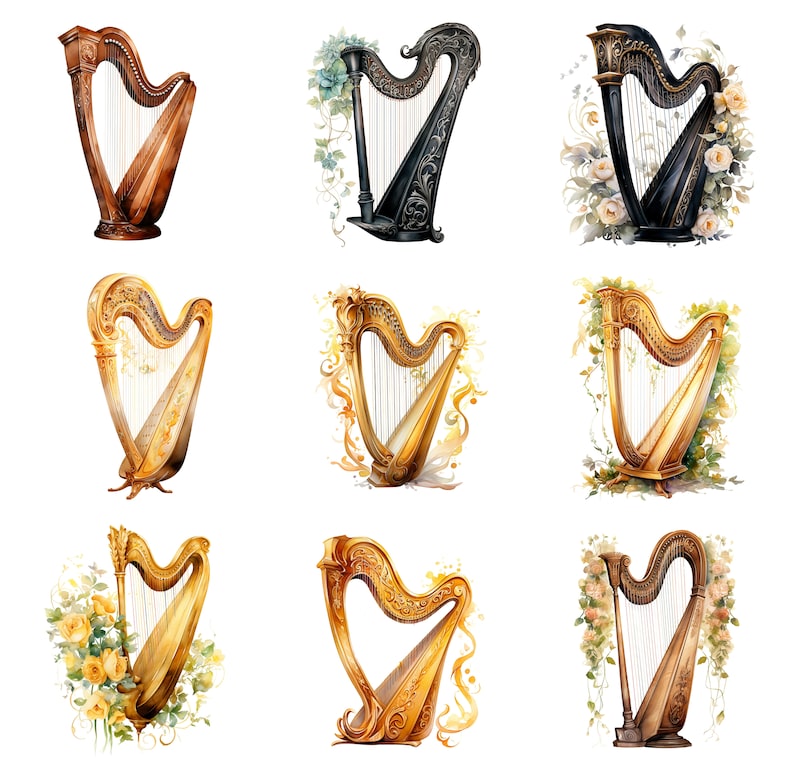 Harp Color Watercolor Harps Clipart, PNG Digital Files on Transparent Background ...