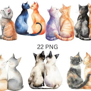 Aquarell Katzen Paar Clipart - Romantische Feline Illustrationen - Cat Love PNG Bundle, PNG Einzelbilder auf transparentem Hintergrund