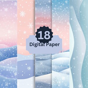 May include: A set of 18 digital papers featuring a winter wonderland scene with snowy hills, falling snowflakes, and a soft pink and blue colour scheme. The text "18 Digital Paper" is displayed on a purple banner.
