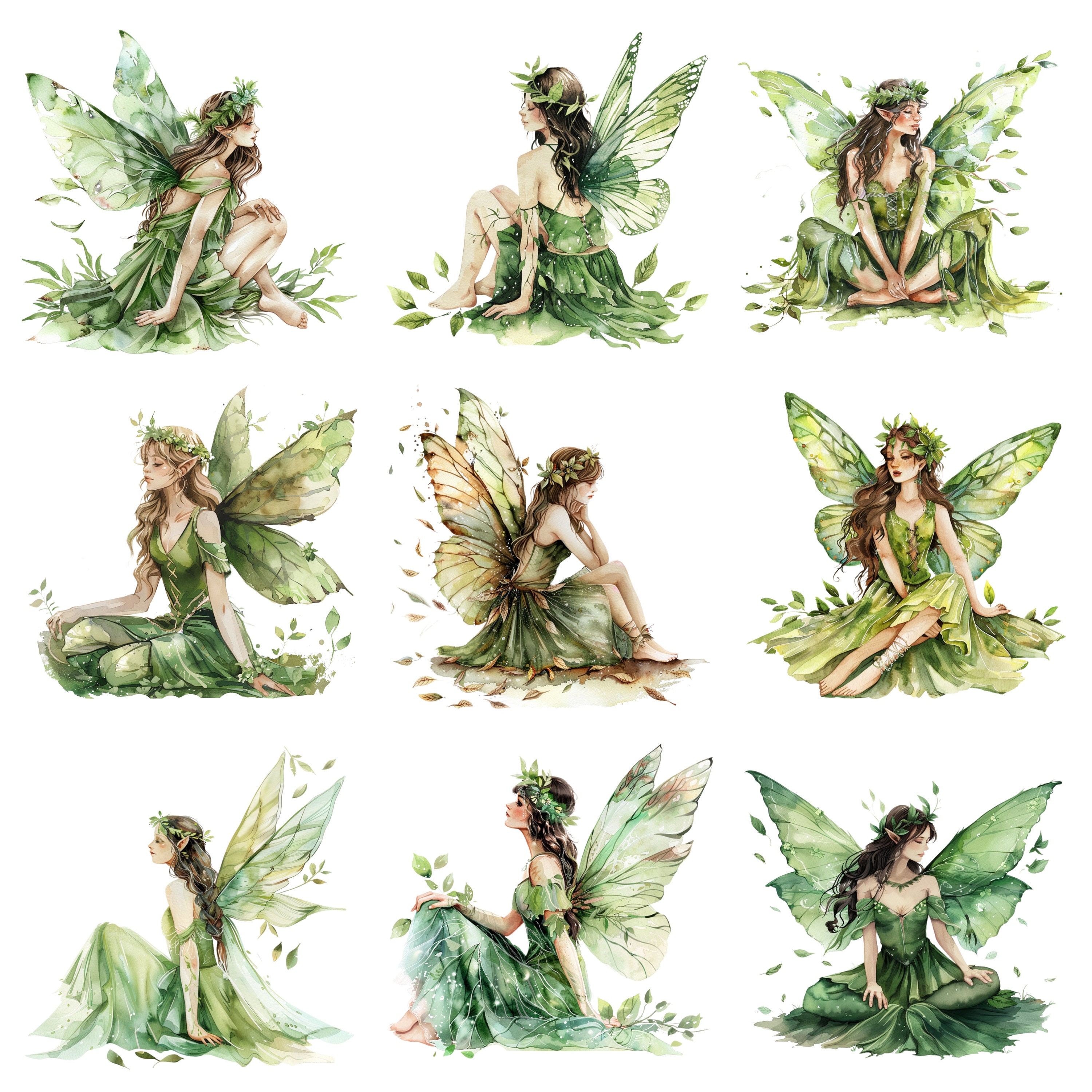 Watercolor Forest Fairy Clipart, Green Fairies, PNG Individual Images ...