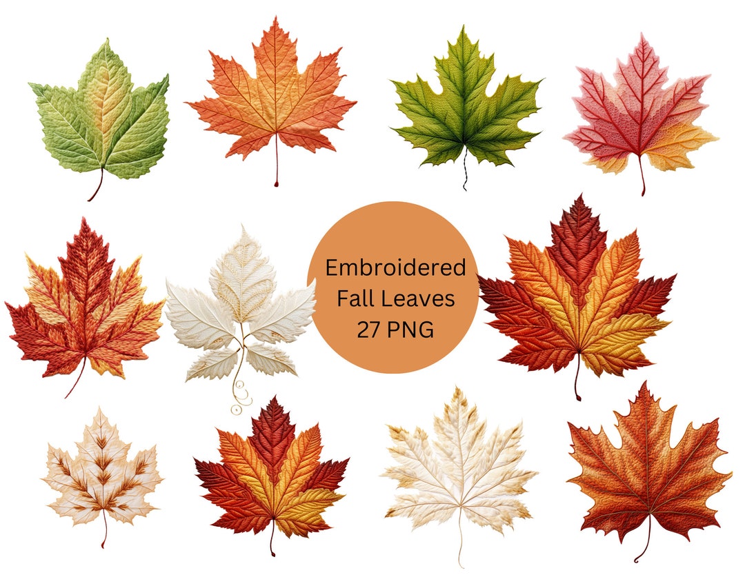 Embroidered Fall Leaves Clipart, PNG Digital Files on a Transparent ...
