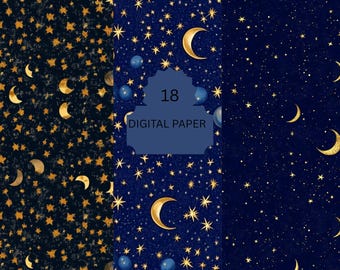 Peut inclure: Ensemble de papiers numériques avec des motifs célestes. Les motifs présentent des fonds bleu marine avec des étoiles dorées, des croissants de lune et des planètes. Le texte "18 DIGITAL PAPER" est affiché sur un fond bleu.
