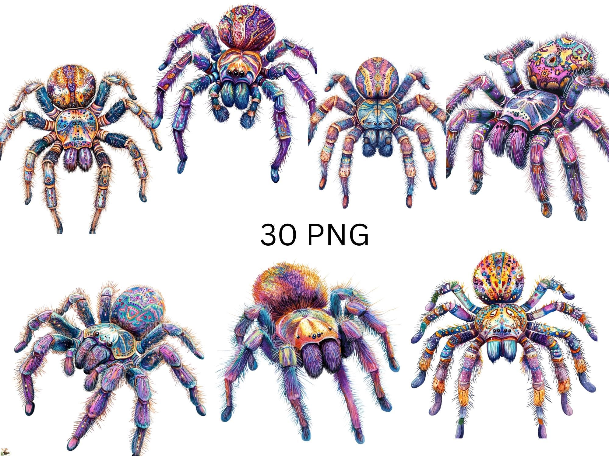 Colorful Tarantula Spider Clipart Set - 30 Unique Watercolor