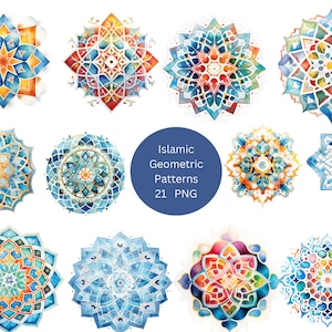21 Islamische Geometrische Muster Aquarell Clipart, Muster Clipart, PNG Einzelbilder auf transparentem Hintergrund, Sublimation