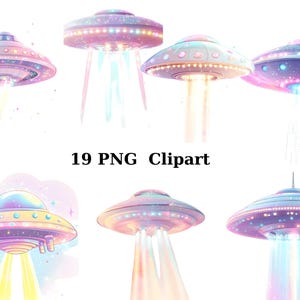 19 UFOs Watercolor Clipart, PNG individual images on transparent background, sublimation