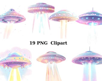 19 OVNIS Acuarela Clipart, imágenes PNG individuales sobre fondo transparente, sublimación