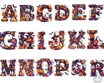 Halloween Kids Alphabet Aquarell Clipart, Halloween Clipart, PNG Einzelbilder auf transparentem Hintergrund, Sublimation