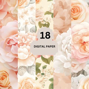 Blush Floral Digital Paper – 18 Soft Peony & Rose Backgrounds for Wedding Invitations, Scrapbooking, Crafts, Journals