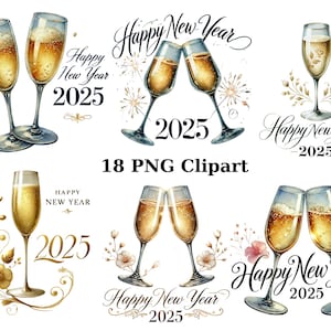 Feliz Ano Novo 2025 Champagne Toast Clipart - 18 PNG, imagens individuais PNG em fundo transparente, sublimação
