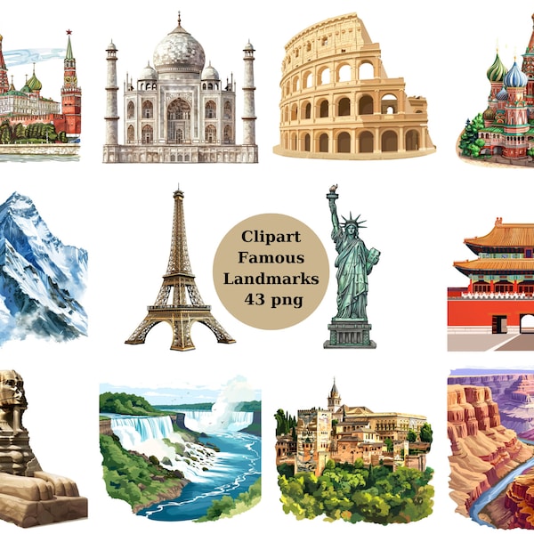 Clipart de monuments célèbres, images individuelles PNG sur fond transparent, sublimation, usage commercial