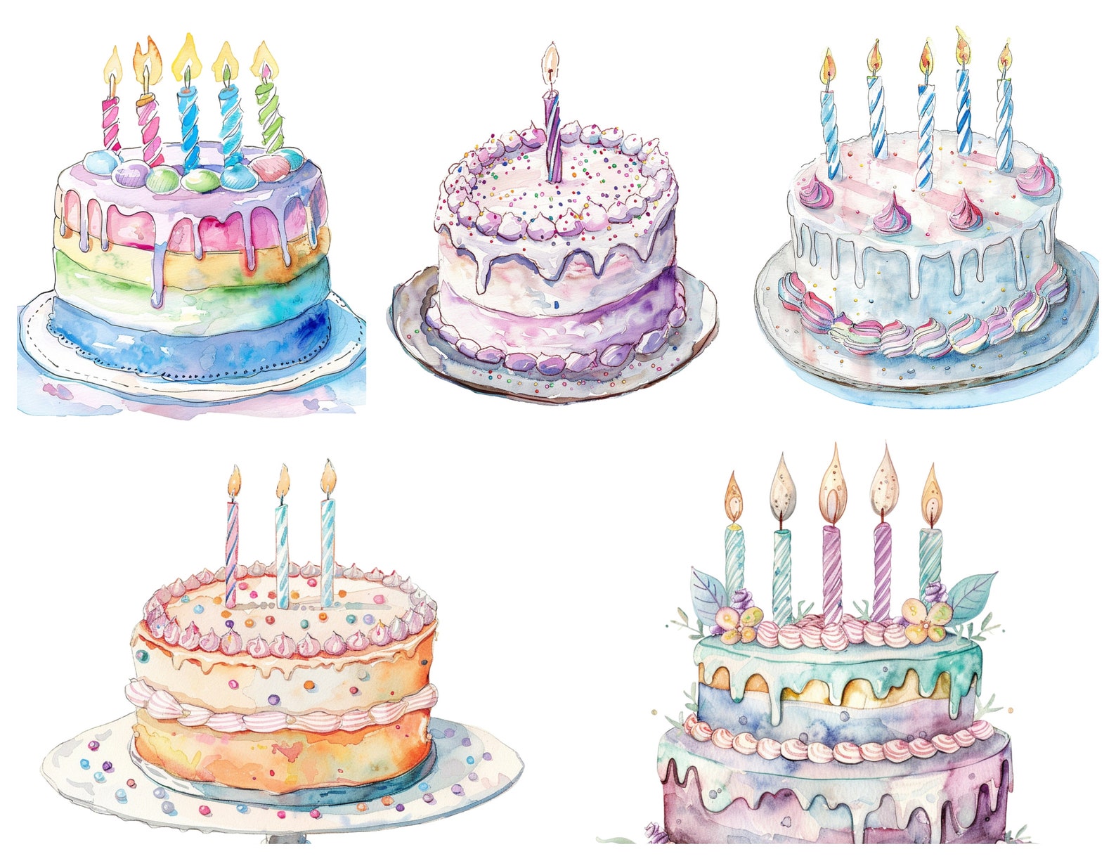 Watercolor Birthday Cake Clipart, PNG Digital Files on Transparent ...