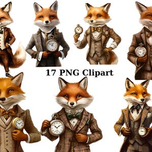 17 Gentleman Fox aquarel clipart, dieren clipart, individuele png-afbeeldingen op transparante achtergrond, sublimatie