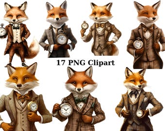 17 imágenes prediseñadas de acuarela de zorro caballero, imágenes prediseñadas de animales, imágenes PNG individuales sobre fondo transparente, sublimación