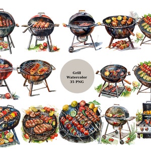 35 Grill aquarel clipart, barbecue clipart, individuele PNG-afbeeldingen op transparante achtergrond, sublimatie, commercieel gebruik