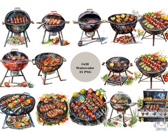 35 Grill Watercolor Clipart, Barbecue Clipart,  PNG individual images on transparent background, sublimation, commercial use