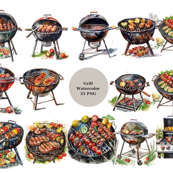 35 Grill Watercolor Clipart, Barbecue Clipart,  PNG individual images on transparent background, sublimation, commercial use