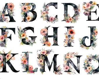 Watercolor Floral Black Alphabet Clipart , Floral Alphabet, transparent background, high quality, clipart, 12x12, commercial use
