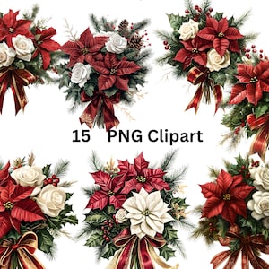 Pacote de clipart floral de Natal | 15 imagens PNG de poinsétia e rosas brancas | Decorações festivas de férias, download digital
