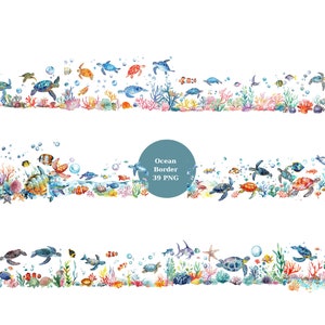 39 Ocean Borders Watercolor Clipart, Border Clipart, PNG Einzelbilder auf transparentem Hintergrund, Sublimation