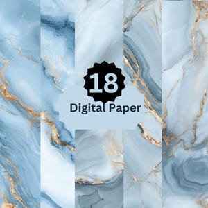Blue Marble Digital Paper, Light Blue Gold Texture, Elegant Stone Backgrounds, Modern Digital Paper