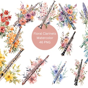 Watercolor Floral Clarinets Clipart, PNG digital files on transparent background, sublimation, commercial use