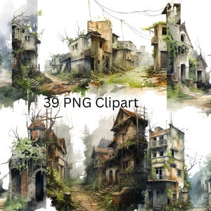 39 verlassene Städte Aquarell Clipart, PNG einzelne Bilder auf transparentem Hintergrund, Sublimation, kommerzielle Nutzung