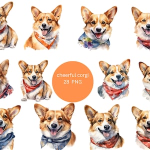 28 fröhliche Corgis Aquarell Clipart, Hund Clipart, PNG einzelne Bilder auf transparentem Hintergrund, Sublimation