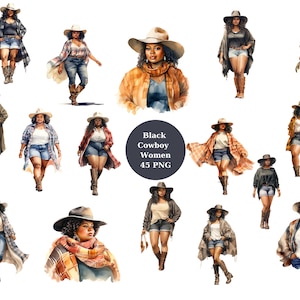Watercolor 45 Black Cowboy Women Clipart, women of color cowgirls, PNG individual images on transparent background, commercial use