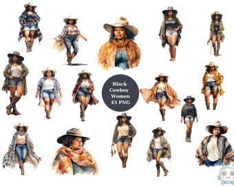 May include: A digital illustration set of 15 Black women wearing cowboy hats and clothing. The women are depicted in various poses and wearing different outfits, including plaid shirts, denim shorts, and scarves. The illustrations are in a watercolor style and have a vintage feel.