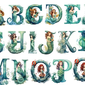 Sirene Alphabet Aquarell, transparenter Hintergrund, hohe Qualität, Clipart, 12x12, kommerzielle Nutzung