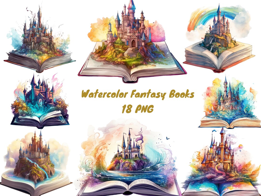 Watercolor Fantasy Books Clipart, PNG Digital Files on a Transparent ...