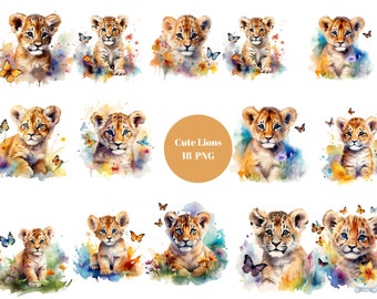 18 clipart de aquarela de leões bebês, leões fofos, arquivos digitais PNG em fundo transparente, sublimação, uso comercial