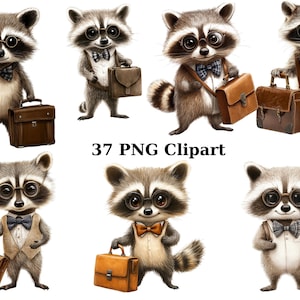 37 zakelijke wasberen aquarel clipart, dieren clipart, individuele png-afbeeldingen op transparante achtergrond, sublimatie