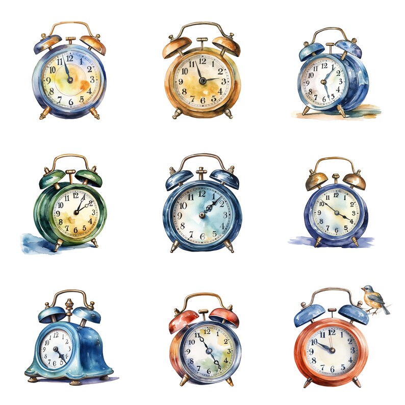 32 Alarm Clocks Watercolor Clipart, Items Clipart, PNG Individual ...