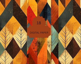 Geometric Autumn Digital Paper - Fall Abstract Backgrounds with Leaves and Retro Colors for Scrapbooking - 18 Sheets