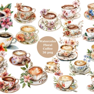 Acuarela Floral Coffee Clipart, archivos digitales PNG sobre fondo transparente, sublimación, uso comercial