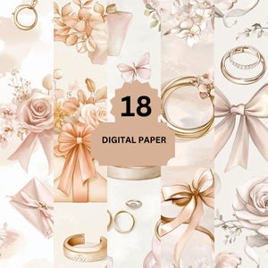 Papel digital para bodas en tonos rosa: 18 elegantes fondos de anillos, lazos y rosas para invitaciones, álbumes de recortes, tarjetas y diarios.