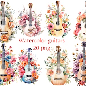 Aquarel bloemen gitaar clipart, transparante achtergrond, hoge kwaliteit, clipart, 12 x 12, commercieel gebruik