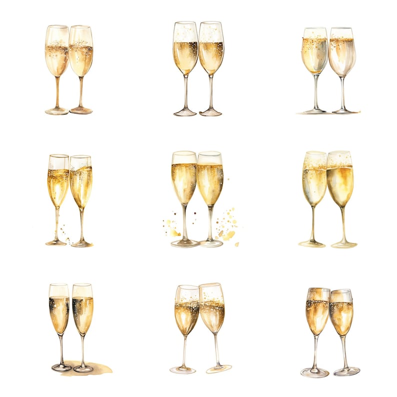 29 Champagne Glasses Watercolor Clipart, Champagne Clipart, PNG